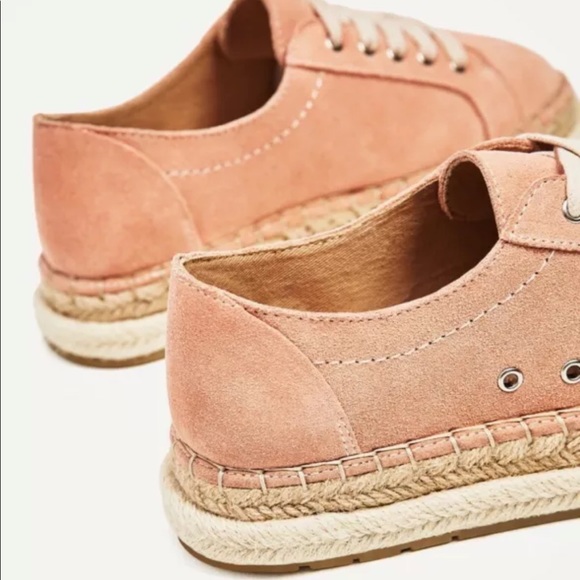 Zara TRF Women Split Suede Bluchers Flat Lace-up  Espadrille Sneakers Pink 5 - Picture 5 of 5
